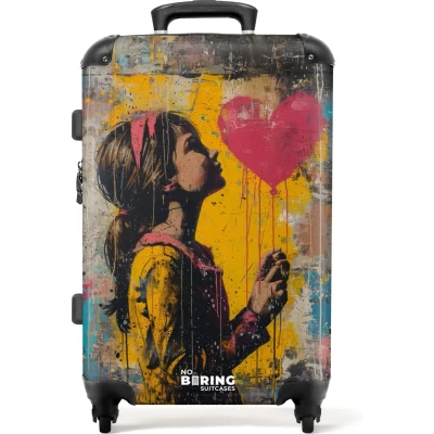 Afbeelding van NoBoringSuitcases.com® Koffer groot Rolkoffer lichtgewicht Meisje met hartvormige ballon in graffiti stijl Reiskoffer 4 wielen Grote trolley XL 20 kg bagage