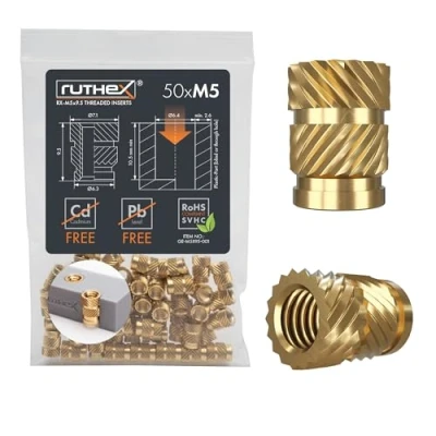 Afbeelding van ruthex M5 Schroefdraadbus 50 stuks RX M5x9.5 messing schroefdraadbussen Insteekmoer voor kunststof onderdelen kan door warmte of echografie worden ingebracht in 3D geprinte