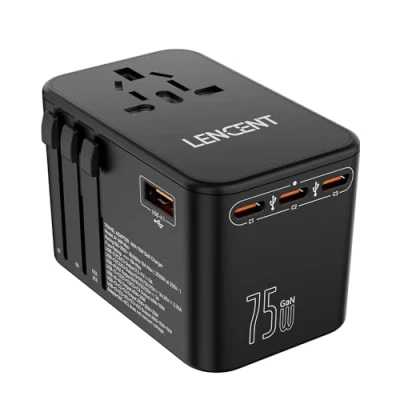 Afbeelding van LENCENT 75W Reisadapter Wereldwijd, GaN3 Snellader Universele Reisstekker met 3 PD3.0 USB C+2 QC USB, Alles in één Internationale Stekker voor Telefoon Laptop 200+ Landen EU UK DE VS Type A/C/G/I