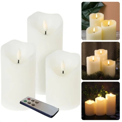 Afbeelding van Cheqo® Luxe LED Kaarsen Set Van 3 Met Handige Afstandsbediening Inclusief Batterijen Realistische Vlam Veilig &amp; Duurzaam Theelichtjes op Kerstverlichting Sfeerverlichting 10, 12.5 en 15 cm Horeca