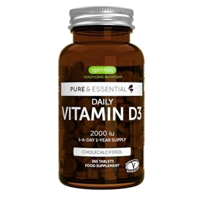 Afbeelding van Pure &amp; Essential Daily Vitamine D3, optimale dosis op lange termijn, 2000 IE, jaar voorraad, vegetarisch, 365 kleine tabletten