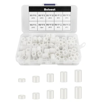 Afbeelding van Boloest 98 stuks ABS Ronde Spacer Assortiment Kit Witte Isolatie voor M5, M6 Schroeven Nylon Kolom Standoff Ondersteuning met Plastic Doos (Wit)
