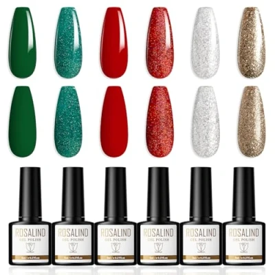 Afbeelding van ROSALIND Gel Nagellak 6 Kleuren Shellac Set Thema Kerstmis Gellak Rood Groen Wit Goud Glitter Soak Off UV/LED Nail Polish Art Manicure 8ml