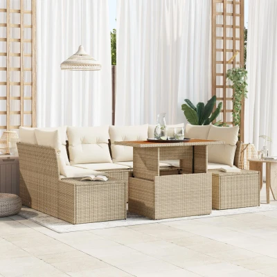 Afbeelding van vidaXL tuinbank set van 7 Beige Rattan delige tuin eetset