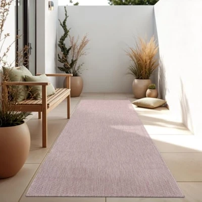 Afbeelding van Paco Home Tapijt Vloerkleed In &amp; Outdoor Balkon Terras Keukenvloerkleed Eenkleurig Gemêleerd Patroon, Maat:80x250 cm, Kleur:Roze