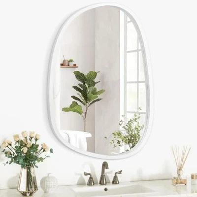 Afbeelding van Houten frame hangende wandspiegel asymmetrisch onregelmatige ovale spiegel voor muur unieke vorm decoratieve artistieke entree slaapkamer woonkamer badkamer wit