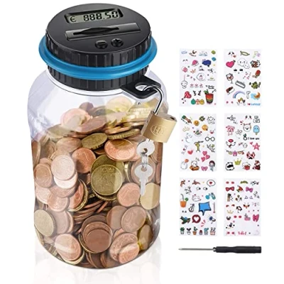 Afbeelding van Birshe spaarpot met teller, 1,8 l, spaarpot, grote kinderen, transparante muntenteller lcd display, digitale muntenbank automatisch slot en schattige stickers, teller