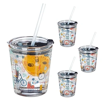 Afbeelding van Relaxdays Glas met rietje en deksel 4 stuks kinderglazen print waterglazen