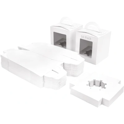 Afbeelding van Belle Vous 50 Pak Wiit Papieren Hobby Enkele Bakkerij Gebak Doosjes met Raam en Handvat 9,39 x 10,66 cm Wegwerp Verpakking Koekjes, Cupcakes, Desserts &amp; Taartjes