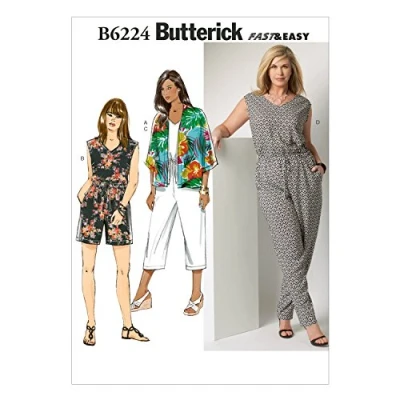 Afbeelding van Butterick Patronen 6224, dameskimono en jumpsuit, maten, rayon, meerkleurig, KK (26W 28W 30W 32W)