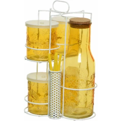 Afbeelding van Gele karaf/sapkan/schenkkan 1 liter met 4 mason jars en rietjes Drinkglazen