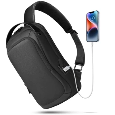 Afbeelding van schoudertas voor heren, waterdichte borstzak 11,3 inch iPad Business Sling Bag met USB aansluiting, diefstalbestendig, crossbody tas, kleine vrije tijd, werk, universiteit, reizen, zwart, zwart