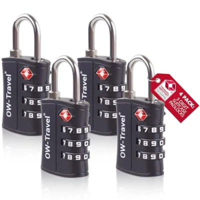 Afbeelding van OW Travel TSA Slot. Hangslot met cijfercode. Cijferslot 3 cijfers. Bagageslot Cijfercodeslot. Cijfersloten voor koffer rits bagage tas rugzak gymkluisje. Kofferslot cijfercode Zwart 4 Stuks