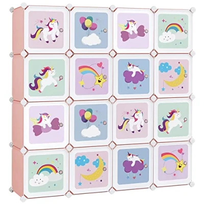 Afbeelding van SONGMICS Reksysteem met 16 kubussen, opbergkast voor kinderen, kledingkast deuren, schoenenrek van kunststof, steekrek, multifunctioneel, schoenen, speelgoed, 123 x 31 cm, roze LPC906P01