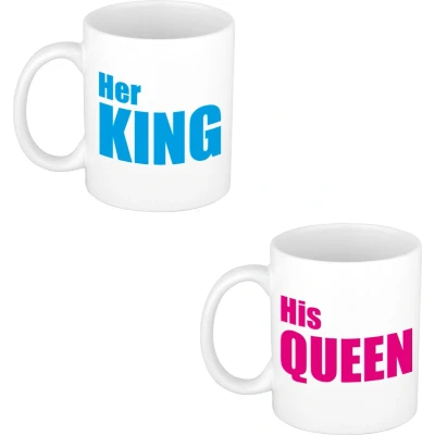 Afbeelding van His queen en her king cadeau mok / beker wit met roze blauwe blokletters 300 ml feest mokken