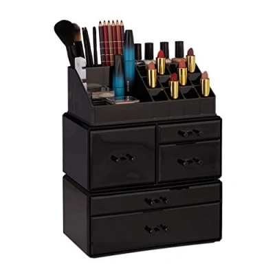 Afbeelding van Relaxdays make up organizer van acryl cosmetica toren lippenstifthouder box zwart