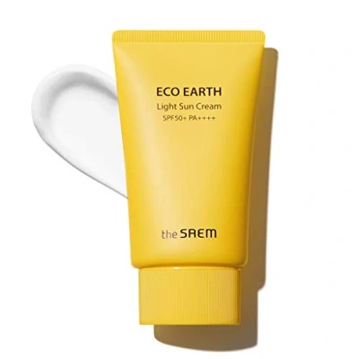 Afbeelding van The Saem. Lichte bescherming tegen de zon. Eco Earth Light Sun Cream. SPF 50. Beschermt UV stralen. Stralende en anti aging eigenschappen. Botanische ingrediënten. 50 g.