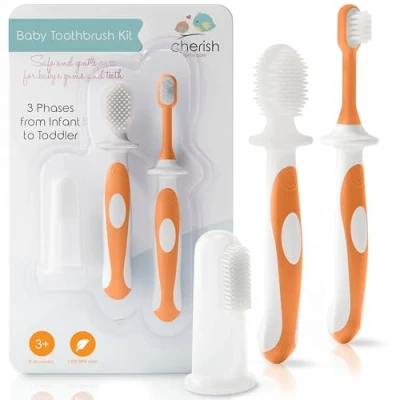 Afbeelding van Cherish baby Care Babytandenborstel 0 2 jaar Veiligheid getest en BPA vrij 3 pack (vingertandenborstel baby, siliconen tandenborstel peutertandenborstel) Baby&#039;s eerste tandenborstelset