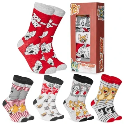 Afbeelding van Tom and Jerry Herensokken, 5 stuks, ronde sokken voor mannen, tieners, ademend, werk, sport, casual, maat 36 10, cadeaus hem, Grijs/Rood, One size