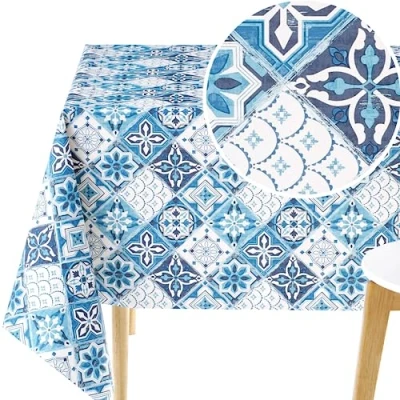 Afbeelding van KP HOME PVC Wipe Clean Tafelkleed Rechthoekig 98x55&quot;250x140cm Portugees Lissabon Azulejo Tegels Plastic Afveegbare Keuken Waterdichte Tafelhoes in Withe Met Navy Blauw