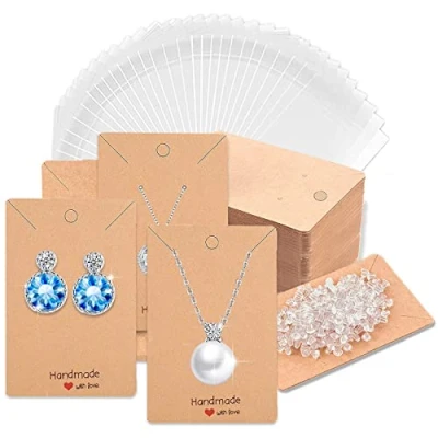 Afbeelding van Peysaitr 50 stuks kaarten, sieradendisplay, kraftpapier, opbergen, oorbelhouder, kaarten met oorringen en 100 zelfsluitende zakjes voor doe het zelf verpakking, display, sieraden
