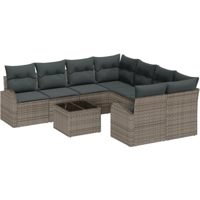 Afbeelding van vidaXL 9 delige Tuin Sofa Set met Kussens Grijs Poly Riet