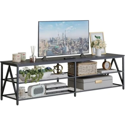Afbeelding van tv kast, televisietafel, lowboard voor tv&#039;s tot 70 inch, kast met 3 open vakken, plank woonkamer, slaapkamer, 180 x 40 50 cm, industrieel design, stalen frame, zwart