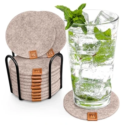 Afbeelding van Miqio® Design vilten glazen onderzetters, rond, set van 12 met houders, duurzame Oekotex onderzetters voor dranken, kaarsen, kopjes, bar, glazen, tafeldecoratie, beige