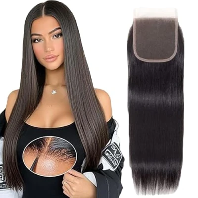 Afbeelding van TH #1B Straight 4X4 Lace Closure Brazilian Remy Hair Extensions 30 Inch