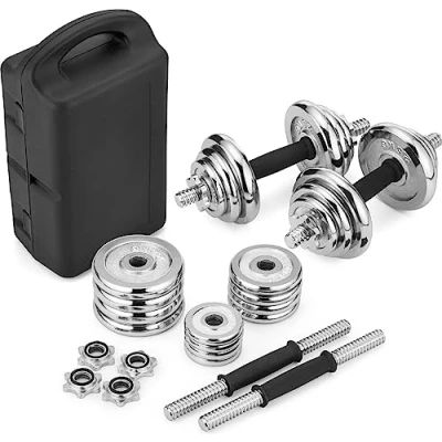 Afbeelding van Gymtek Gietijzeren halterset, 20 kg, korte halters, set van 2, verchroomde halterstang, verstelbare gewichten, dumbbellset, halterset voor krachttraining thuis, verchroomd gietijzer