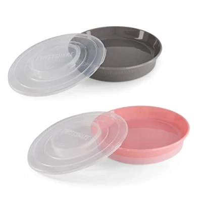 Afbeelding van Twistshake 2x Baby Bordjes met Luchtdicht Deksel voor Kinderen BPA Vrij Eet Training Bordje Grijs Roos