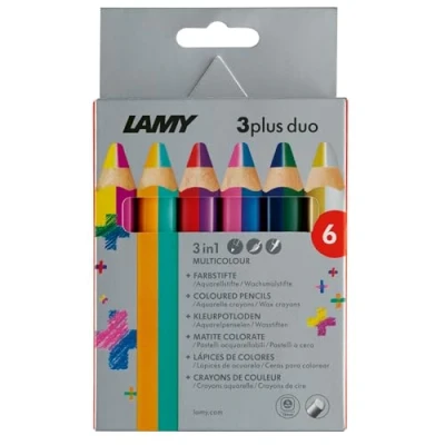 Afbeelding van LAMY kleurpotlood 3plus duo vouwdoos set van 6 kleurpotlood, aquarelpotlood &amp; waskrijt in één gemaakt massief lindehout met ergonomische vierkante vorm dikke stift Ø 10 mm