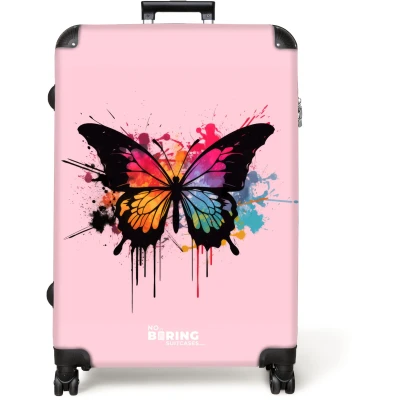 Afbeelding van NoBoringSuitcases.com® Koffer groot Reiskoffer lichtgewicht Vlinder met verf op roze achtergrond Rolkoffer 4 wielen Grote trolley XL 98 liter bagage