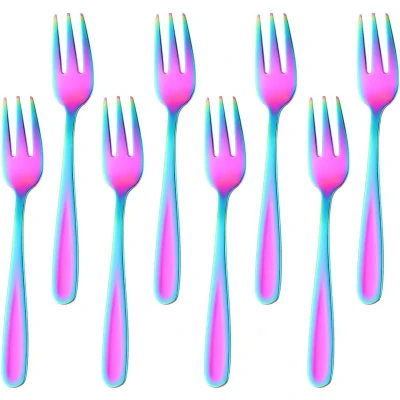 Afbeelding van Dessertvorken van roestvrij staal, kleine taartvorken, fruitvork, 8 delig, regenboog, lengte 13,6 cm