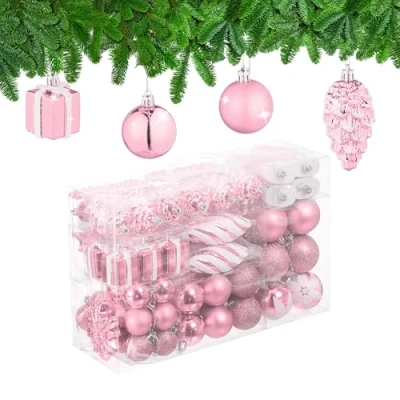 Afbeelding van Relaxdays kerstballen kerstboomballen kerstboomdecoratie set van 72 kunststof roze