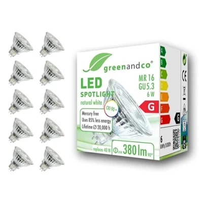 Afbeelding van 10x greenandco® CRI90+ 4000K 36 LED spot vervangt 40W GU5.3 MR16, 6W 380lm neutraal wit 12V AC/DC, flikkervrij, niet dimbaar