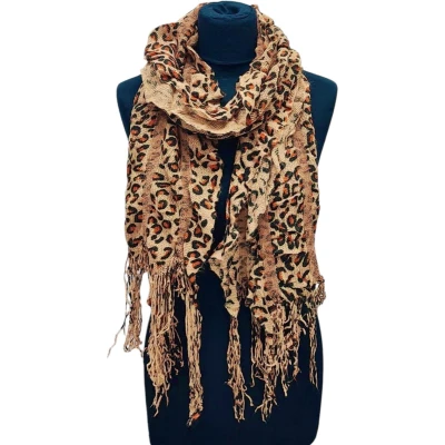 Afbeelding van Lange Gebreide Sjaal Panterprint Camel 220 x 40 cm (351)