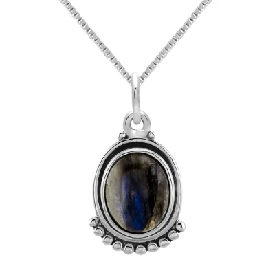 Afbeelding van Zilveren ketting dames met hanger, labradoriet steen bolletjes