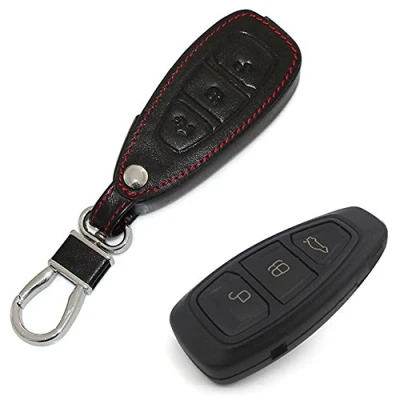 Afbeelding van Happyit Echt lederen auto afstandsbediening sleutelhoes sleutelhanger voor Ford Focus MK3 MK4 Kuga vlucht ecosport New Fiesta (zwart)