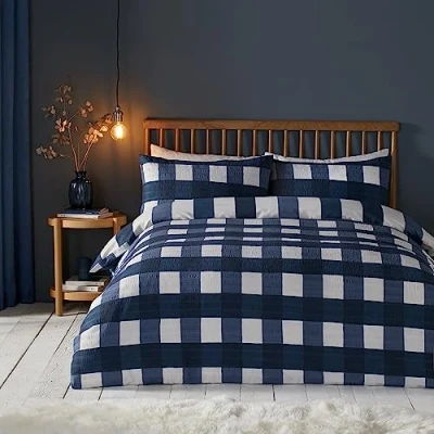 Afbeelding van Fusion Snug Seersucker Gingham Check Geborsteld Dekbedovertrek Set Kingsize Bed Size in Navy