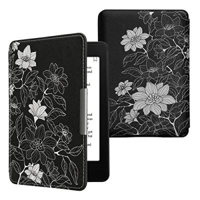 Afbeelding van kwmobile e reader hoesje compatibel met Amazon Kindle Paperwhite Magneetsluiting Ereader case Zwart witte bloemen in wit/zwart