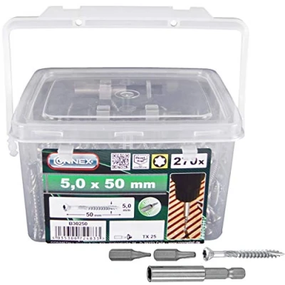 Afbeelding van Connex Terrasschroeven 5,0 x 50 mm 270 stuks met boorpunt &amp; snijinkeping verzonken kop TX aandrijving roestvrij staal C1 incl. magneethouder 2 bits/schroevenemmer / B30250