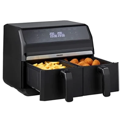 Afbeelding van Tomado TAF8001B Dubbele airfryer Heteluchtfriteuse 2 x 4 liter inhoud 1700 watt Tiptoetsbediening 8 automatische programma&#039;s Zwart