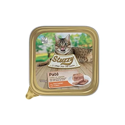 Afbeelding van Stuzzy Mister natvoer voor volwassen katten, kalkoen, lijnpaté en vlees in stukken, totaal 3,2 kg (32 bekers x 100 g)