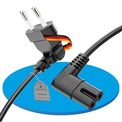 Afbeelding van sonero Stroomkabel netsnoer 2 polig 0,50 m Euro stekker type C naar IEC bus, C7, 8, stroomkabel, 90 graden gebogen, voor TV, PS5, PS4, PS3, huishoudelijke apparaten, zwart