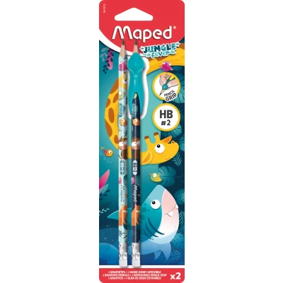 Afbeelding van Maped 2 potloden HB gummetje + vingergeleiding Jungle Fever Grappig hulpmiddel om te leren schrijven Aanbevolen door leraren vanaf 3 jaar