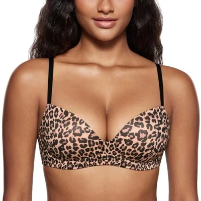Afbeelding van DOBREVA Vrouwen Push Up BH Plunge Draadloze Comfortabele T Shirt Gevoerde Bh&#039;s Natuurlijke Luipaard 75C