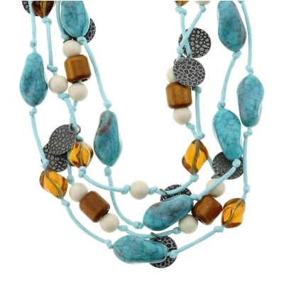 Afbeelding van Behave Blauwe ketting van touw met meerdere lagen, turquoise steentjes en bruine kralen