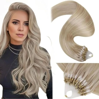 Afbeelding van LaaVoo Micro Ring Hair Extensions Echt Menselijk Haar Donkerblond Highlight Bleach Blonde Loop Straight Beads 55cm 50s 50g #18/613