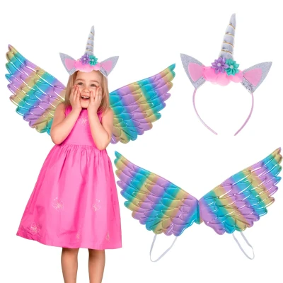 Afbeelding van Kinder verkleedkleren / carnaval outfit unicorn met regenboog vleugels Verkeedset voor kinderen